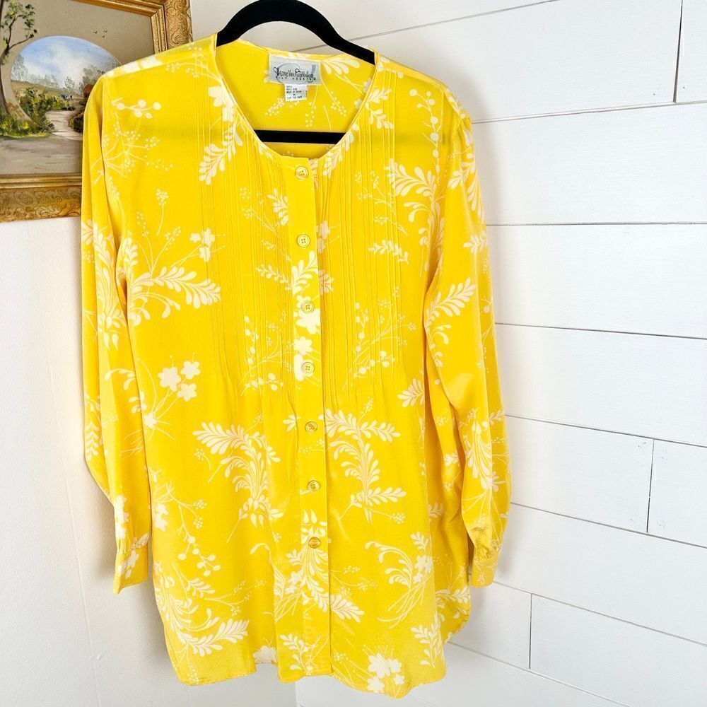 Diane Von Furstenberg Silk Assets Floral Button Up Tunic Size Medium Yellow